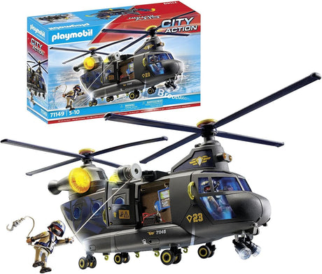 Playmobil 71149 City Action Tactical Police Twin-Prop Helicopter, highly detailed SWAT rescue helicopter with light and sound module, fun imaginative role-play, playset suitable for children ages 5+.