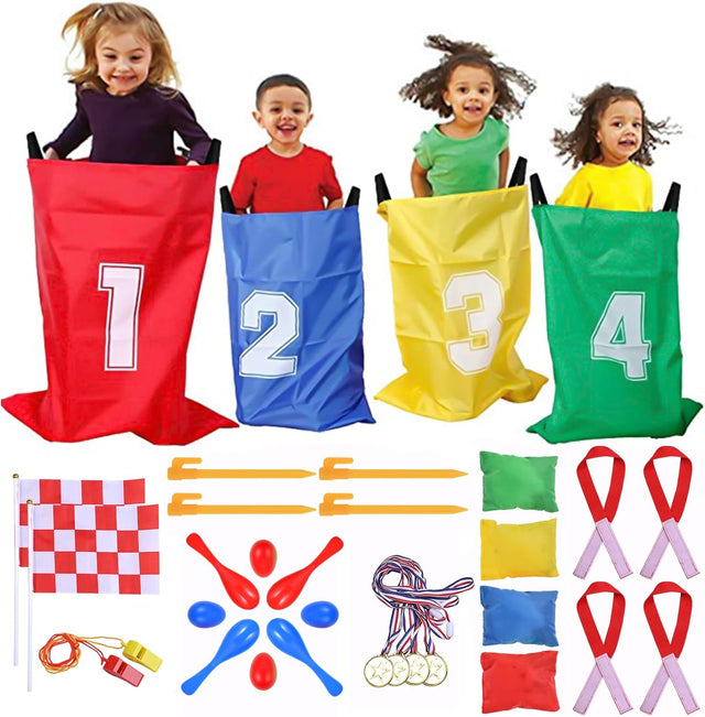 GOLDGE 32 Pcs Sports Day Kit, Sack Race Set Bean Bag Toss Fun Outdoor Garden Family Game for Adults And Kids, Includes 4 Coloured Sack, 4 Eggs, 4 Spoons, 4 Bean Bags, 2 Whistles and other.