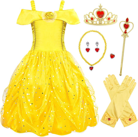 AmzBarley Princess Belle Dress up for Girls Dressing Costume Kids Cosplay Birthday Holiday Fancy Party Layered Dresses.