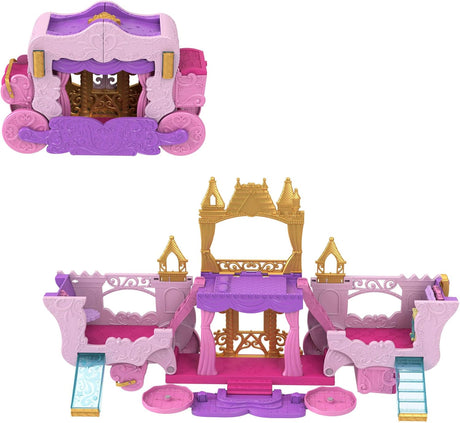 Mattel Disney Princess Carriage to Castle Transforming Playset with Aurora Small Doll, 3 Levels, 6 Play Areas, 4 Figures, Furniture & Accessories, HWX17.