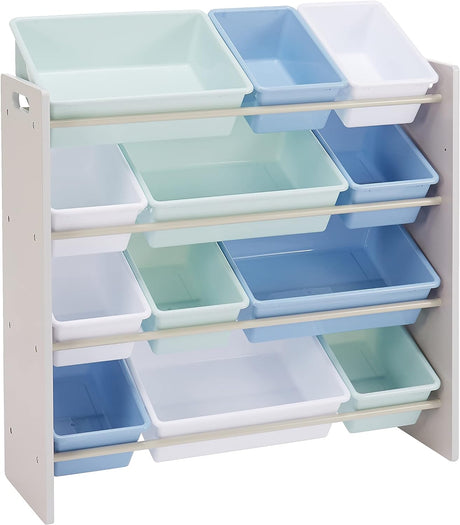 Amazon Basics Kids’ Toy Storage Organiser with 12 Plastic Bins, Natural Wood with Bright Bins, 27.7 D x 85.3 W x 79 H cm.