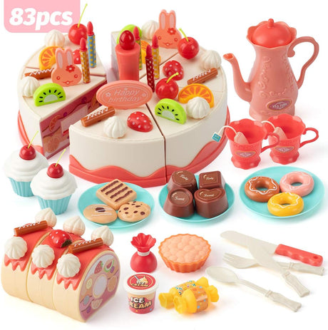 83 PCS Cutting and Decorating Birthday Cake Pretend Toys Role Play Food Sets for Children Kids, Educational Learning Kitchen Playset for 3 4 5 Years Old Girls & Boys Kids.