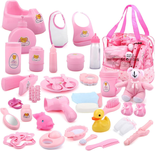 deAO Baby Doll Accessories Set 40PCS Pretend Play Role Play Games Set with Baby Feeding Accessories, Bag, Doll Bear, Bath, Soother Dummy, and Much More-Nurturing Pretend Toy for Kids.