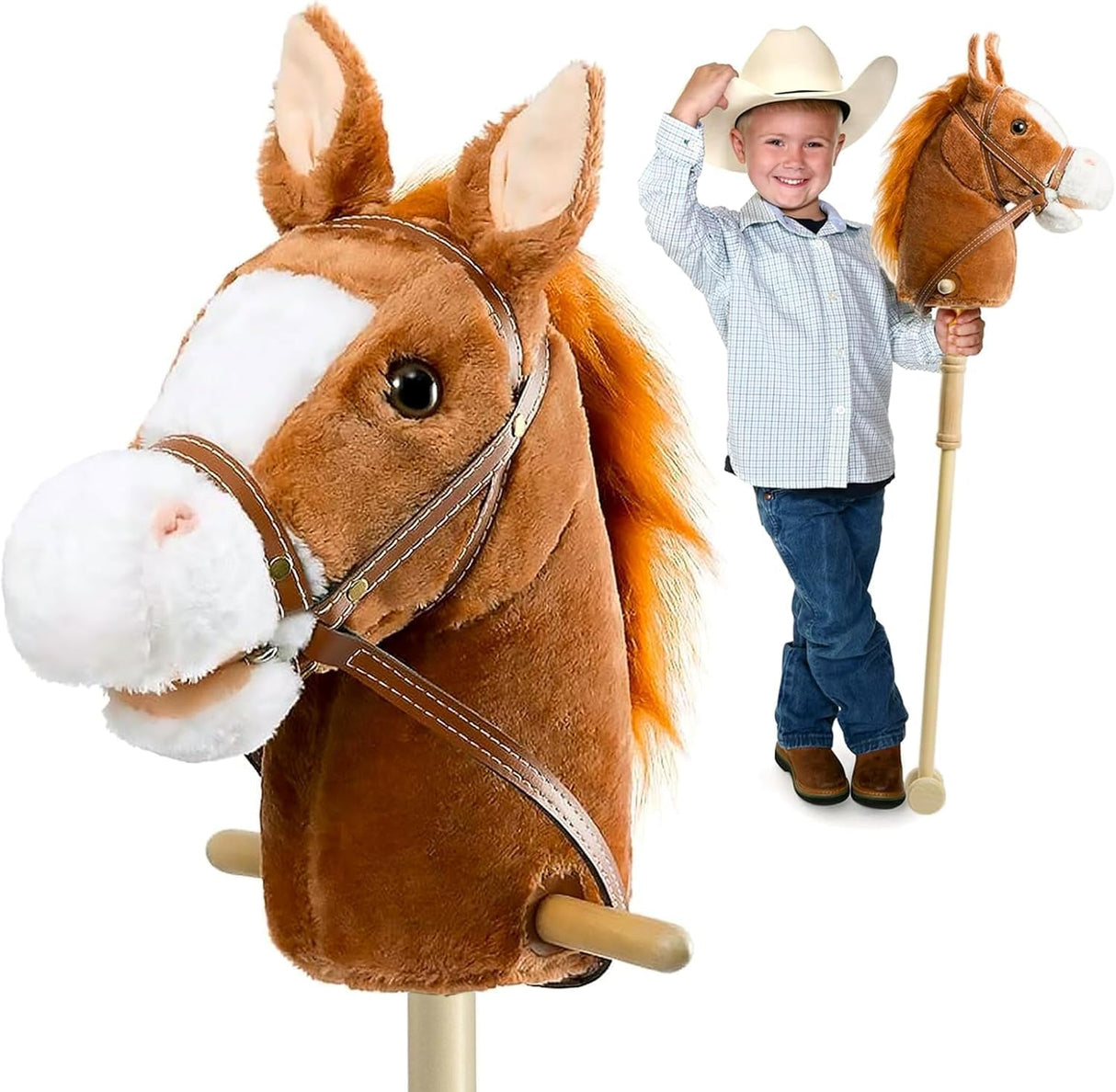 HollyHOME Stick Horse with Wood Wheels Real Pony Neighing and Galloping Sounds Plush Hobby Horse Toy, 91cm, Brown (AA Batteries Required).