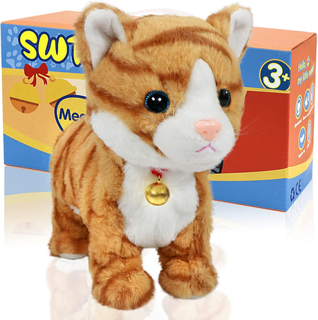 SWTOIPIG Interactive Plush Cat Toys for Kids, Reliable Robotic Electronic Cats Sound and Touch Control, Realistic Soft Plush Toy Cat That Walks and Meow Box, Kitty Toys Gift White.