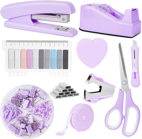 OFFCUP Desk Accessories Set, Office Supplies Kit, Includes Stapler, Tape Dispenser, Staple Remover, Staples, Clips, Scissor, Box Cutter, Tape Measure and Sticky Notes Students, Coworkers (Purple).