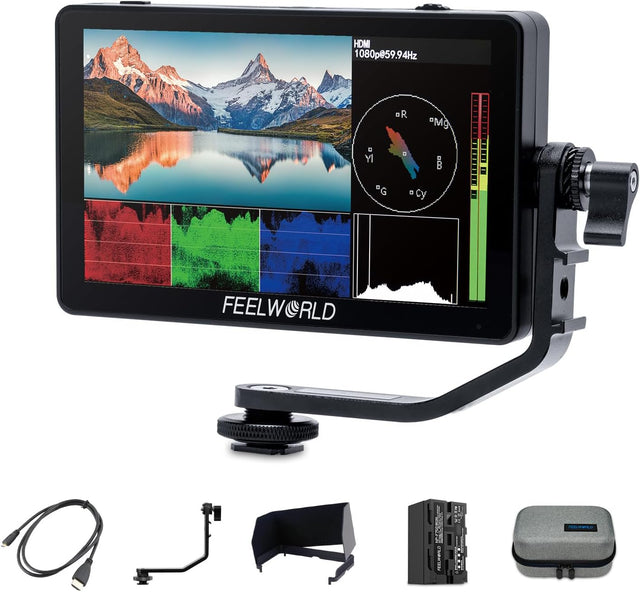 FEELWORLD F6 Plus V2 6 inch DSLR Camera Field Touch Screen Monitor with F750 Battery 4400mAh and Bag, Waveform HDR LUT 1920x1080 IPS Video Peaking Focus Assist 4K HDMI 8.4V DC in Out.