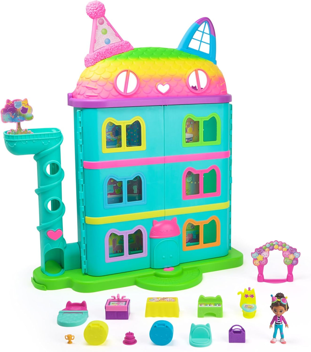 Gabby's Dollhouse, 15-Piece Rainbow-Themed, Celebration Doll’s House, Toy Figures, Doll’s House Furniture and 6 Sound Effects, Kids’ Toys for Girls and Boys 3+.