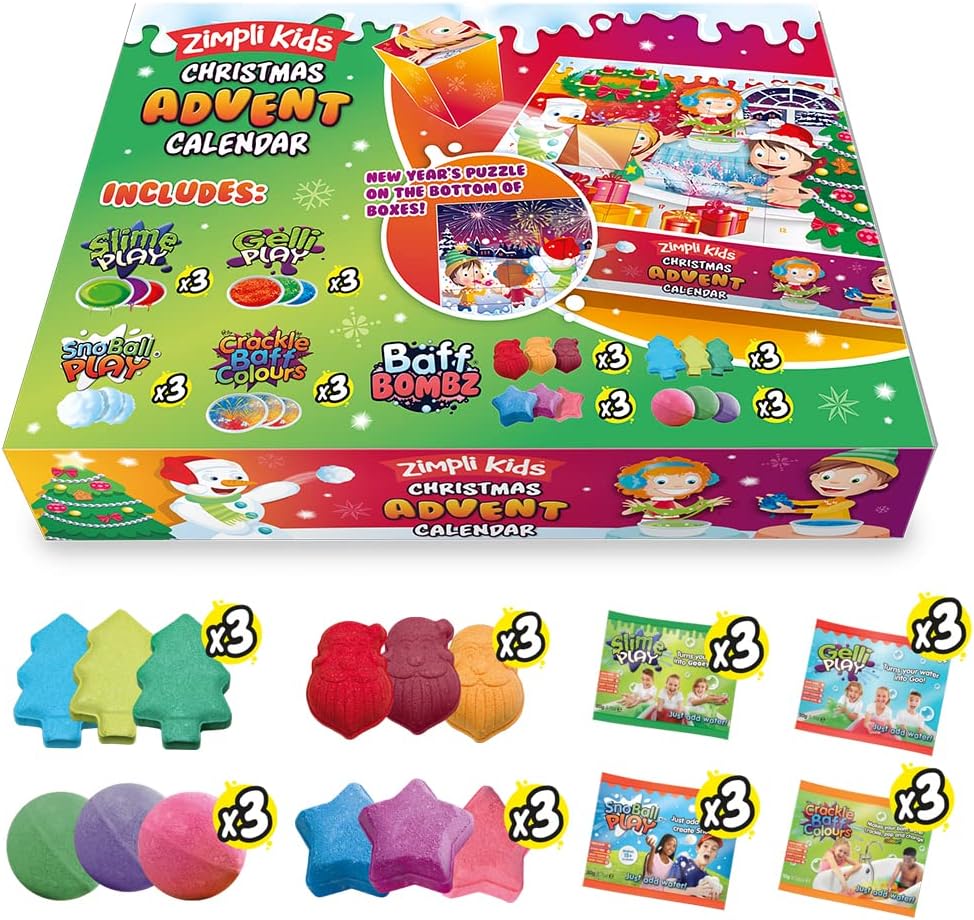 Christmas Advent Calendar from Zimpli Kids, 24 Quality Gifts, Xmas Countdown Present for Children, Bath Bombs, Slime Play, Gelli, Snoball & Crackle Baff, Messy & Multi-Sensory Toys, Non-Toxic.