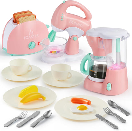 JOYIN Play Kitchen Toys, Pretend Play Kitchen Appliances Toy Set with Coffee Maker, Mixer, Toaster with Realistic Lights& Sounds, Birthday Gift for Kids Ages 2 3 4 5, Pink.