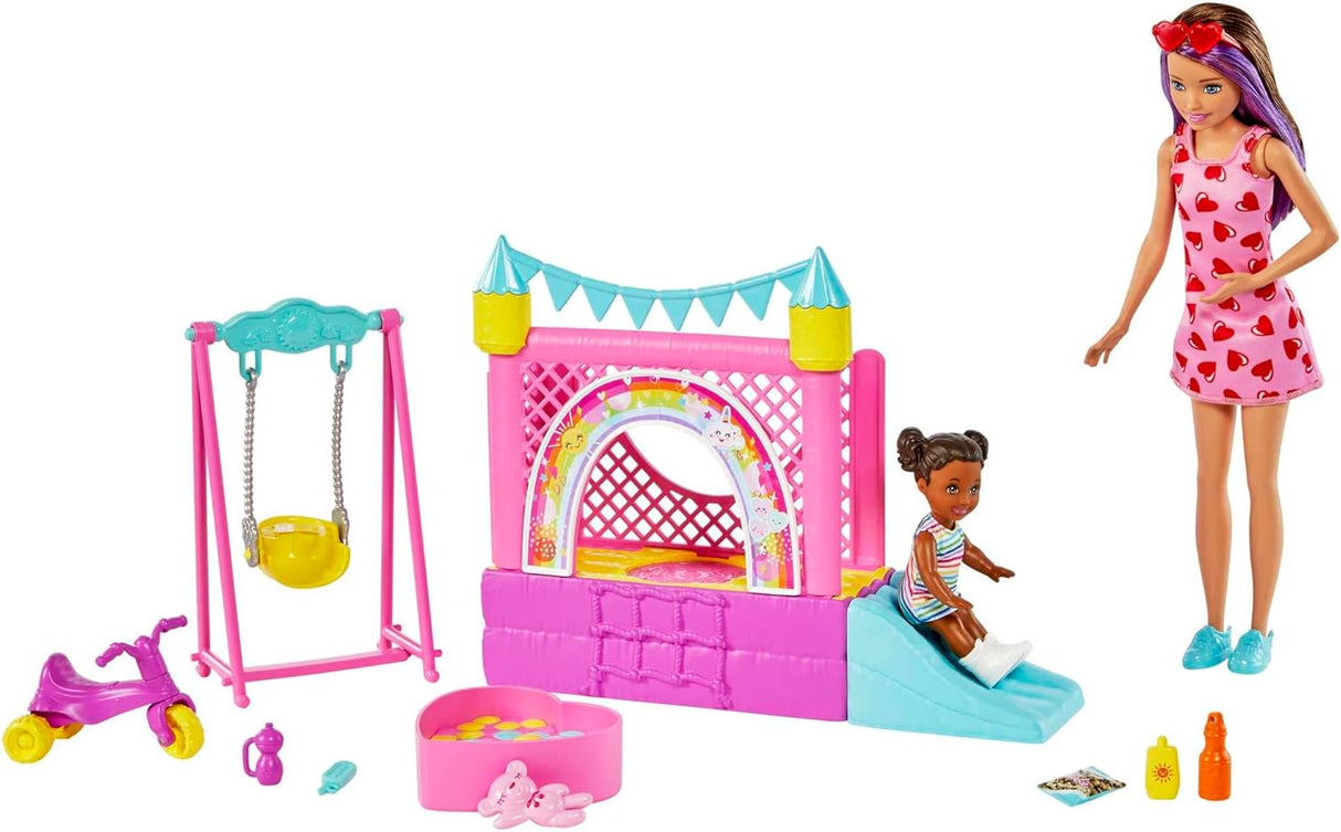 Barbie Skipper Babysitters, Doll Bounce House Playset Including Brunette Skipper Doll with Brown Baby Doll, Baby Swing and Doll Accessories, Toys for Ages 3 and Up, Two Dolls, HHB67.