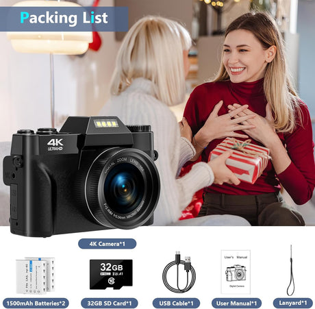 Digital Camera 4K 56MP UHD Vlogging Camera with 3'' 180° Flip Screen, 16X Digital Zoom Compact Camera for Photography with Auto Focus & 32GB Card & 2 Batteries for Teens Students Kids Boys Girls.