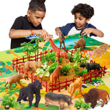 BUYGER Large Size Jungle Wild Animal Figures Toys Set, Realistic Zoo Safari Figure Animal Playset with Play Mat Assemble Puzzle Fence Gift for 3 + Year Old Kids Boy Girl.