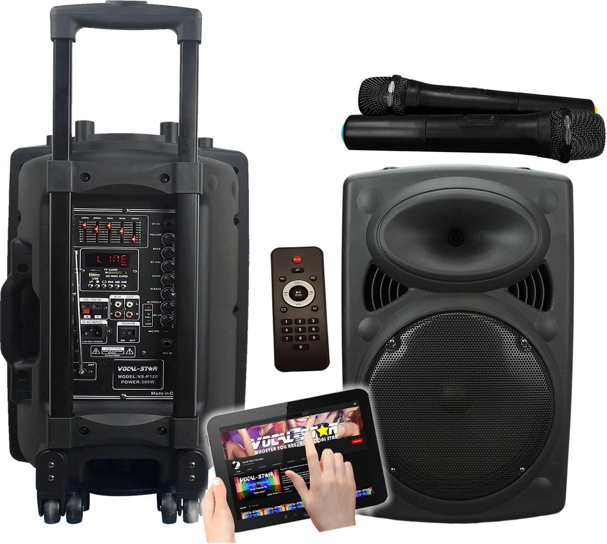 Vocal-Star Portable Karaoke Machine, 2 Wireless Microphones, Bluetooth, 300w Speaker, Records Vocals, AUX, MP3, Rechargeable..