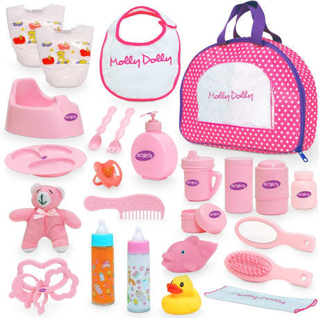 Molly Dolly Baby Doll Accessories Set - Baby Accessories For Dolls - Baby Dolls Changing Bag With 25 Toy Baby Accessories Including Feeding Set.