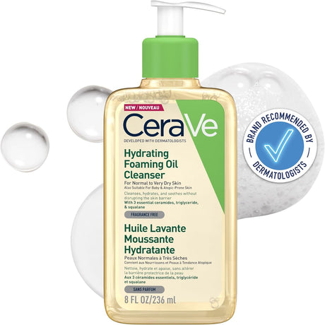 CeraVe Hydrating Foaming Oil Cleanser for Normal to Very Dry Skin with Squalane, Triglyceride and 3 Essential Ceramides (For Face and Body), Clear, 236 ml.