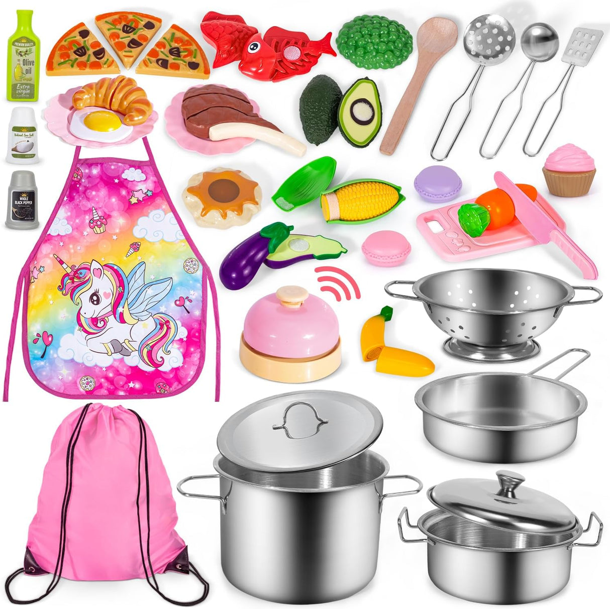 Hohosunlar Kids Pretend Play Kitchen Accessories, Stainless Steel Toy Pots and Pans Set w/Cutting Play Food, Cooking Utensils, Unicorn Apron, Storage Bag, Kitchen Playset for Kids Toddlers Girls Gift.