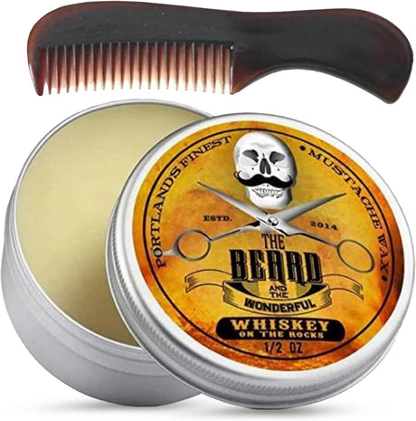 Moustache and Beard Wax 15ml - Pocket Sized Comb - Promotes Facial Hair Growth - Ideal Beard Styling for Men with Natural Ingredients, Strong Hold, & Whiskey on the Rocks Scent Wax.