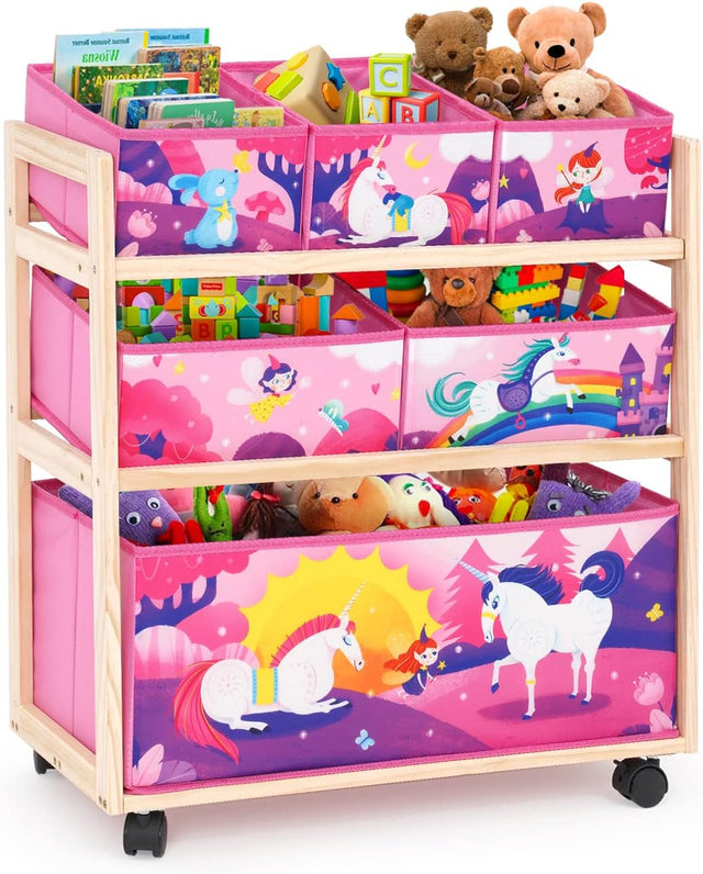 Kids Toy Storage Organizer with Wheels, Utility Rolling Cart with Large Storage Capacity for Bedroom, Toy Room, Playroom - Hold Toys, Books, Blankets (Pink).