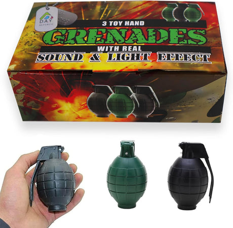 Pack of 3 Kids Army Toy Hand Grenades With Flashing Light & Sound - Role Play Police SWAT Mission, Pretend Fancy Dress Playset (3 Hand Grenades).