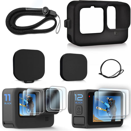 FitStill Silicone Sleeve Case for Go Pro Hero 12/Hero 11/Hero 10/Hero 9 Black, Lens Caps & Screen Protectors & Lanyard for Go Pro Hero 12/11/10/9 Black Accessories Kit.