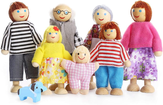 Kids Girls Lovely Happy Family Dolls Playset Wooden Figures Set of 7 People for Children Doll house Pretend Gift.