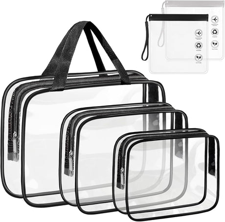 Clear Toiletry Bag, 3PCS Transparent Cosmetic Bag and 2PCS Airport Security Liquids Bags, Makeup PVC Bags Set Waterproof with Zipper and Portable Handle for Women Men Kids Gift.