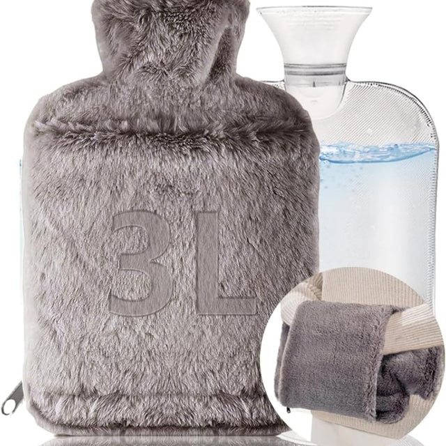 LinKecn Hot Water Bottle with Cover UK 3L, Extra Large Hot Water Bag with Hands Warmer, Furry Big Hot Water Bottle with Faux Fur Cover, Fluffy Hot Water Bottle Cover Zipper Design.