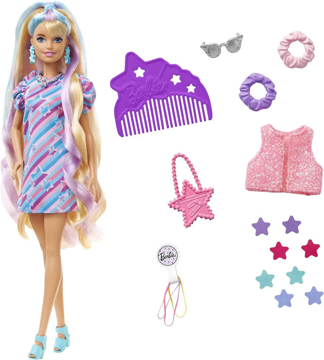 Barbie Totally Hair Doll, Barbie Doll with Blue and Pink-Streaked Blonde Hair, 15 Styling Accessories Including 8 with Colour-Changing Features, Toys for Ages 3 and Up, One Doll, HCM88.