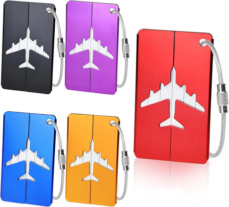 5 Pcs Luggage Tags, Aluminium Suitcase Tags with Steel Loop and Waterproof Name ID Card for Travel Bag, Checked Luggage, Suitcases, Laptop Bags, Backpacks (7.5 x 4.5 cm, 5 Colours).