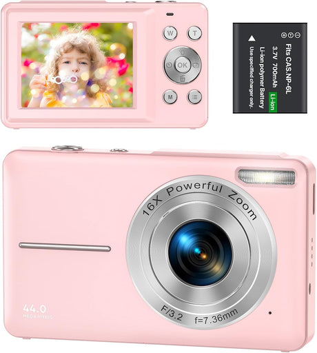 Digital Camera 1080P 44MP Compact Digital Camera 16X Digital Zoom with 2.4" LCD Screen, Point and Shoot Digital Camera Vlogging Camera for Kids, Teenagers, Beginners, Boys, Girls(Pink).