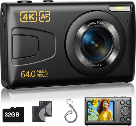 Digital Camera 4K 64MP Cheap Digital Camera with 32GB SD Card Autofocus 18x Zoom for Travel Youtube Photography Compact Vintage Camera for Kids Teenagers Students Seniors Beginner (Black).