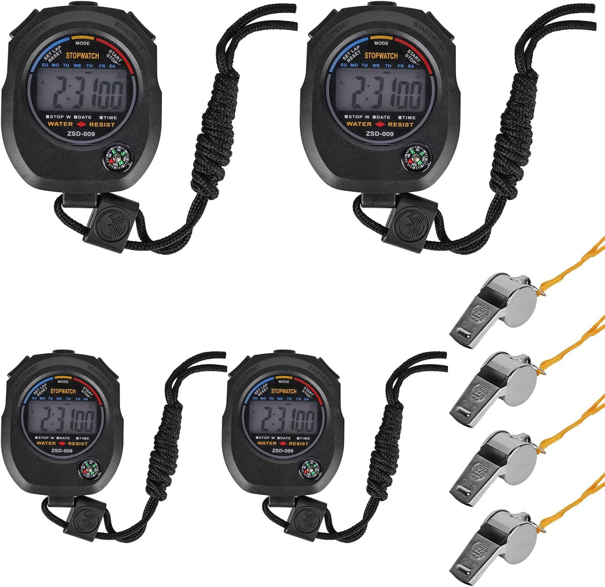 Sports Stopwatch Timer: 4 Pcs Large Display Sports Digital Stopwatch with 4 Stainless Steel Whistles, Multi-Function Stopwatches, Sport Digital Stopwatch for Swimming Running Sports Training Referee.