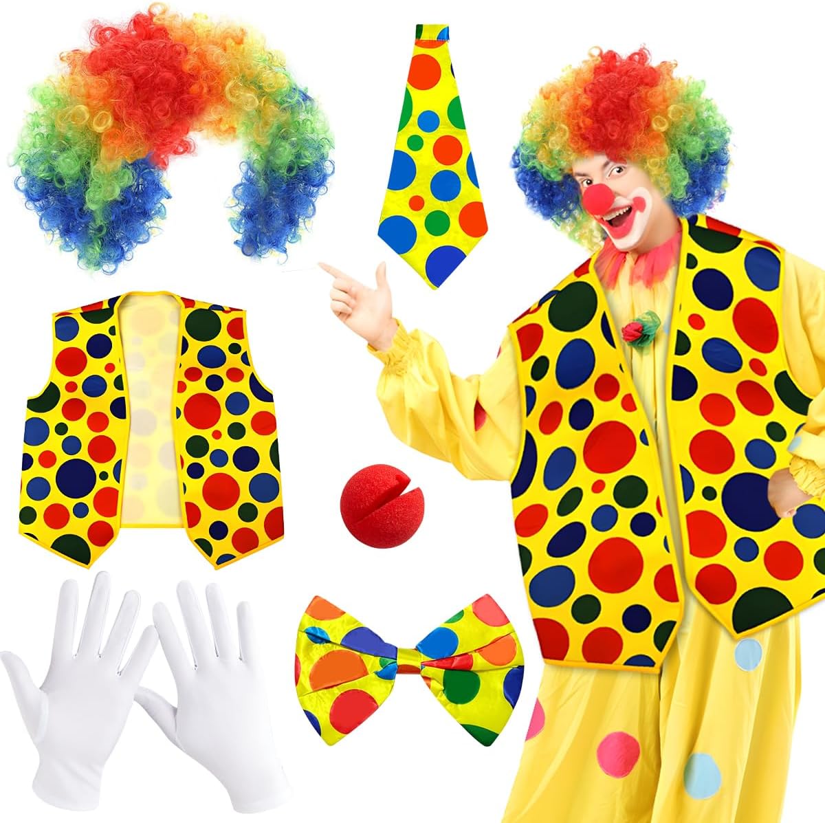 Clown Costume Kit 5Pcs, Clown Dress Up Rainbow Clown Wig Clown Outfits Clown Bow Tie Clown Nose White Gloves for Halloween Party Clown Dress Up Carnival Cosplay Pretend Play Circus Party Props.