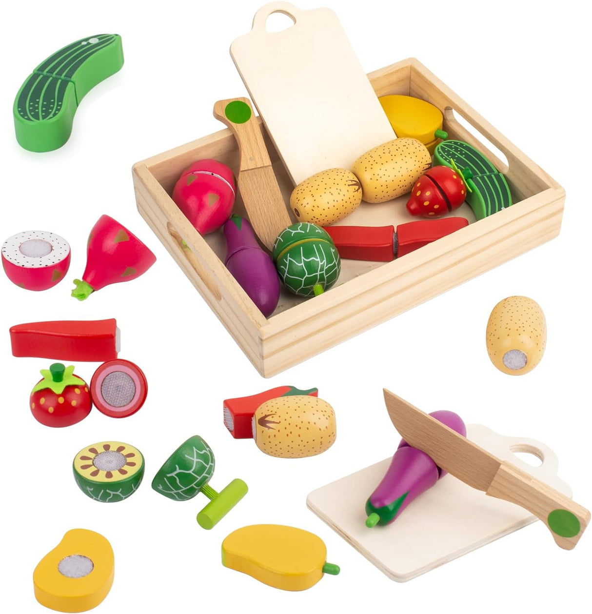 Wooden Fruit and Vegetable Toys, Toy Kitchen Accessories, Wooden Food for Play Kitchen, Pretend Play Simulation Educational Toys for Boys and Girls 2 3 4 5 Year Olds.