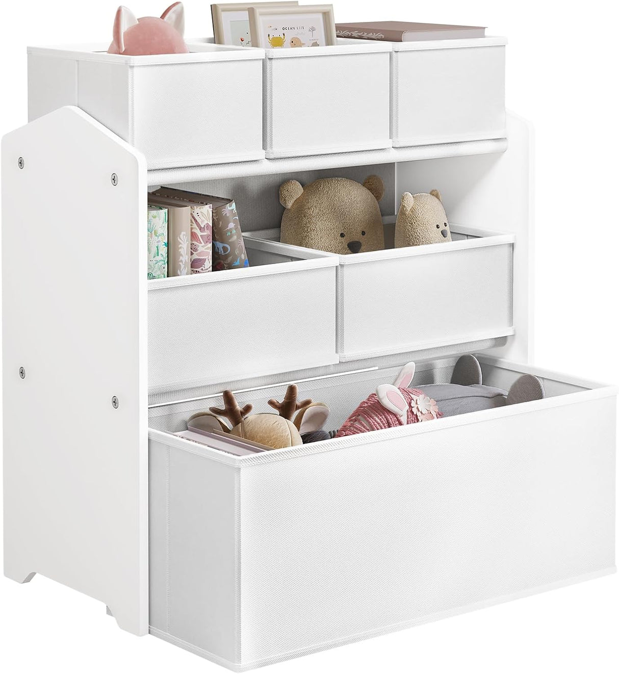 Lestarain Kids Storage Unit with 9 Toy Boxes, Kids Toy Storage Unit Toy Box Storage Rack Kids Toy Organiser Playroom Bedroom Storage Boxes, White, MDF+Fabric, 92x30x60/68cm.