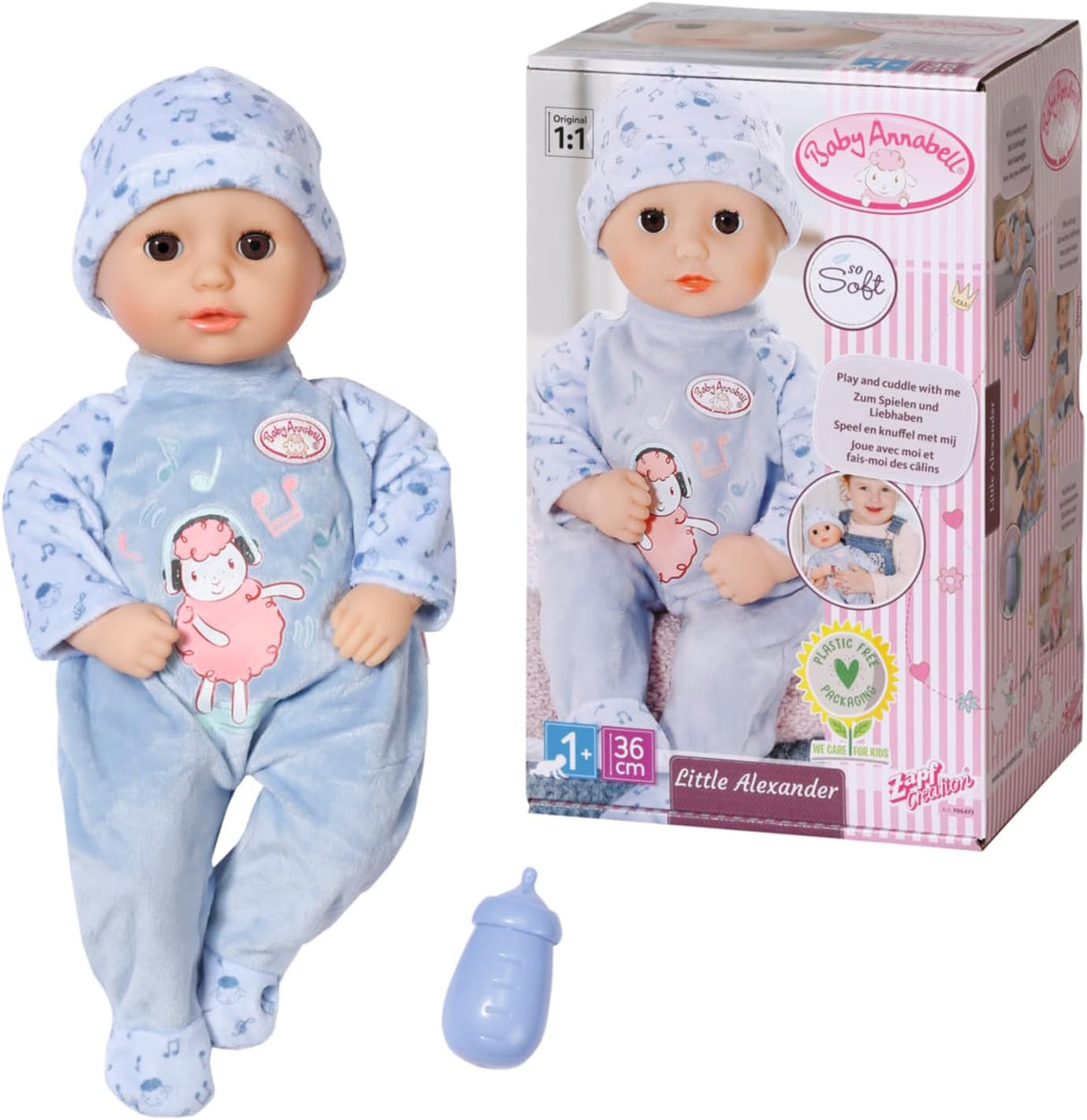 Baby Annabell Little Alexander 36cm soft bodied doll with Bottle for pretend feeding - Suitable for children aged 1+ years - Perfect doll for toddlers - Includes Doll, Bottle and Outfit.