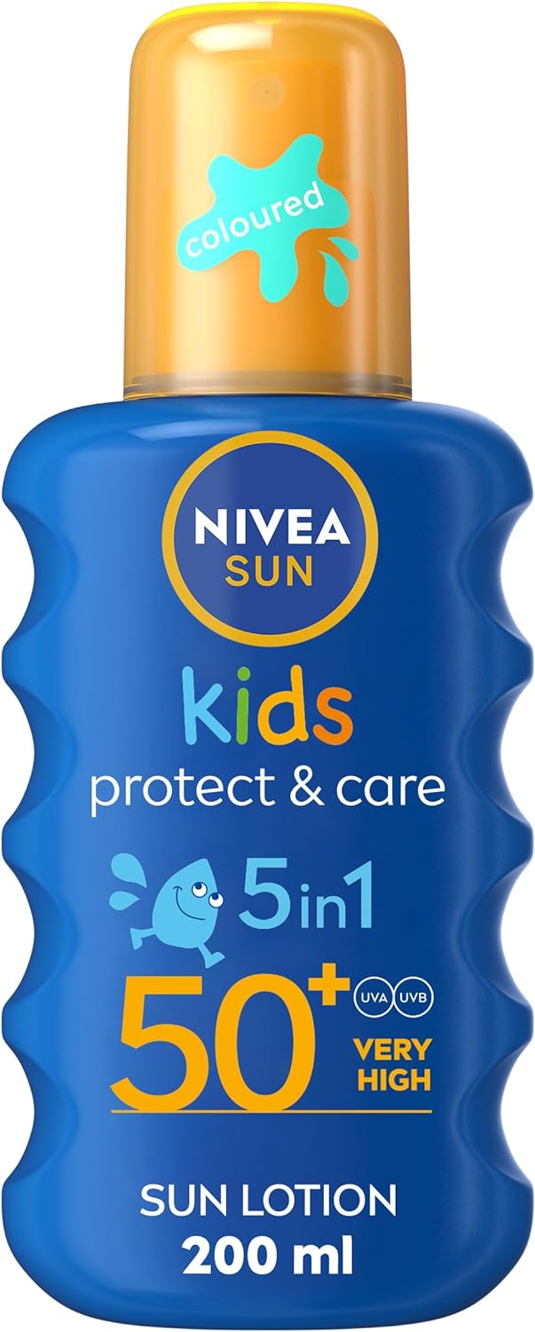 NIVEA Sun Kids Protect & Care SPF 50+ Coloured Spray (200ml), Sunscreen Protects Delicate Skin Against Sunburn and Long-Term UV Damage, Moisturising Spray.