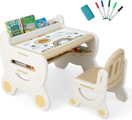 GYMAX Kids Table and Chair Set, Plastic Children Activity Table with Watercolor Pens, Blackboard Eraser & Storage Shelf, Toddler Drawing Desk Set for Playroom Nursery (Brown+White).