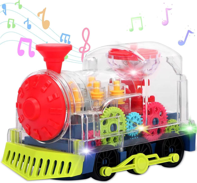 Niteris Gear Train Toy, Transparent Electric Kids Gear Train with Flashing Lights, Early Educational Musical Train Set Birthday Gift for Boys Children.