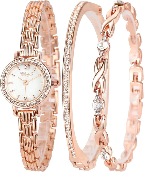 Clastyle Watch and Bracelet Set for Women Rhinestone Slim Ladies Wrist Watch Set Mother of Pearl Ladies Bangle Watches Jewellery and Watches Gift Set.