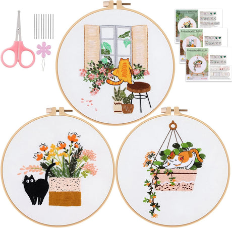 Hapzoom Embroidery Starter Kit, 3 Pack Embroidery Beginner Kits, Adult Women’s Hobbies, Including Cloth with Cat Floral Patterns, Instructions, Bamboo Hoop, Embroidery Threads and Tools.