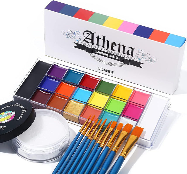 UCANBE Athena Face Body Paint Oil Palette + Translucent Setting Powder + 10PCS Brushes Set, Professional Non Toxic Face Painting Pallet Kit for Halloween SFX Cosplay Clown Makeup for Women Adults.