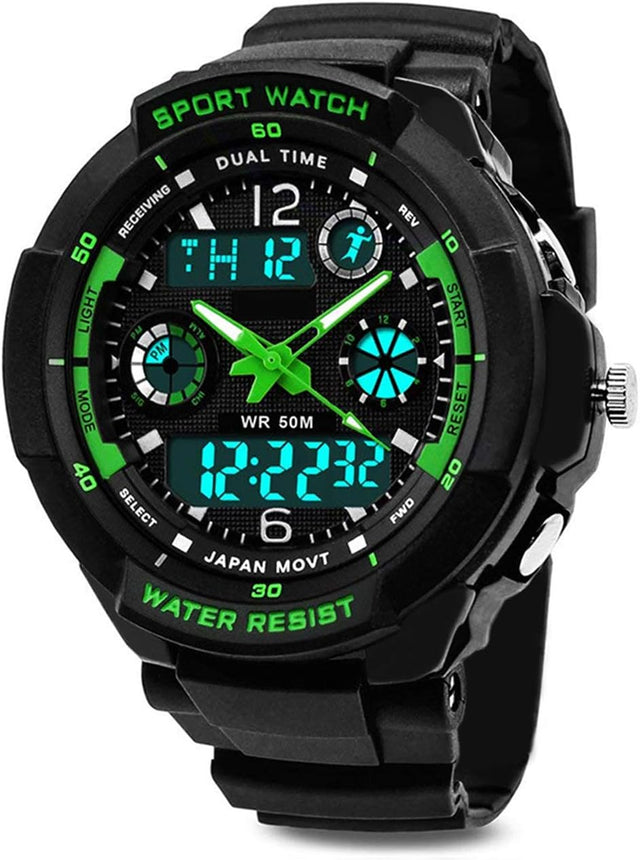 Boys Digital Watch, Waterproof Kids Watches with 12/24 Hours/Dual Time Zone/Alarm/Stopwatch, Shock Resistant Childrens Outdoor Sports Analogue Wrist Watch for Junior Teenagers Boy Gifts Green by RSVOM.