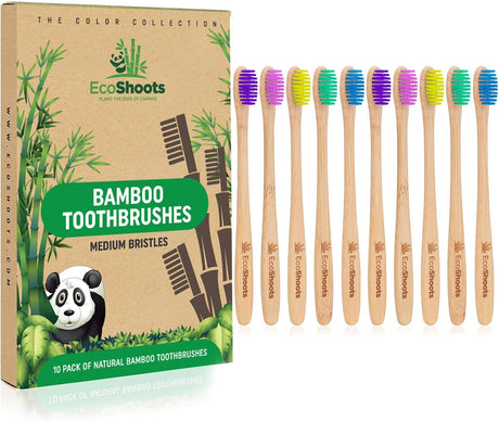 EcoShoots Adults Bamboo Toothbrushes with Medium Bristles | Family Pack of 5 Natural Bamboo Toothbrush | Eco-Friendly Natural Wooden Toothbrush | Organic Biodegradable Handle | BPA Free Tooth Brushes.