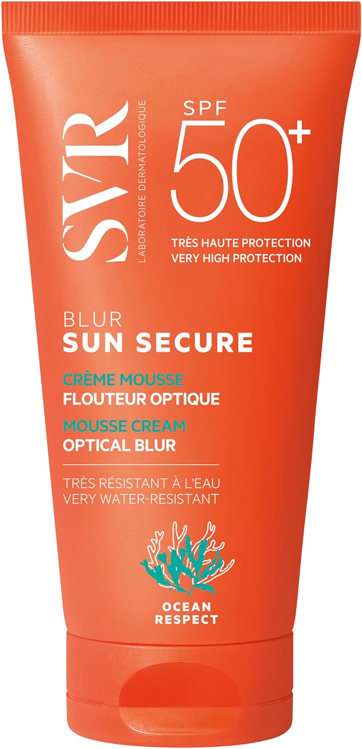 SVR SUN SECURE BLUR SPF50+ Sun Cream - Perfecting Soft-Focus Face Sunscreen SPF 50, Peachy, Velvet Finish Mousse-Primer, Non-Greasy, Water-Resistant, Reef-Safe, 50ml (Scented Cream).