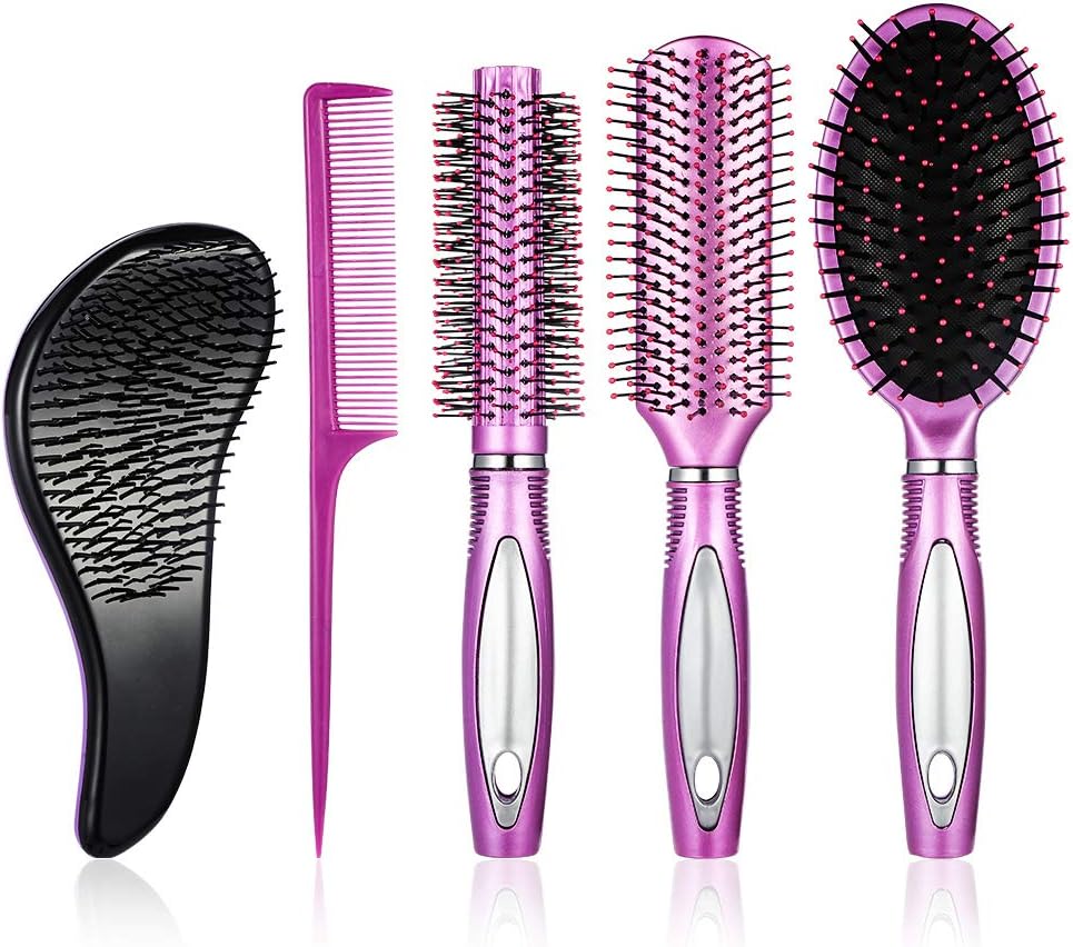 5 Pieces Hair Brush Set Detangling Brush Paddle Brush Round Hair Brush Tail Comb Wet Dry Brush for Women Men Hair Styling (Purple)