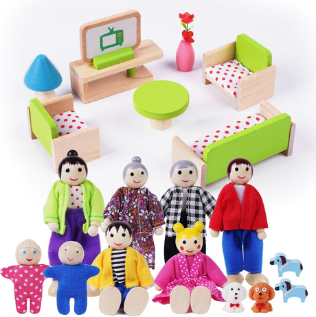 HOTUT Wooden Family Dolls Set, Wooden Dollhouse Furniture Set With 8 People/4 Dogs, Miniature Dollhouse Wood Furniture Accessories, Lovely Happy Family Dolls Playset for Dolls House Accessories.