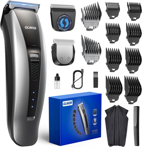 GLAKER Hair Clippers for Men Cordless - 2 in 1 Hair Trimmer with 10 Guards, 2 Detachable Blades & Turbo Motor, Professional Mens Beard Grooming Kit for Hair Cutting, Type-C Rechargeable.