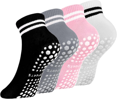 Radsocken 4 Pairs Non Slip Yoga Socks Pilates Socks for women with Grips Anti Skid Sticky Socks Sport Grip Socks for Yoga Pilates Barre Trampoline Fitness Hospital Home.